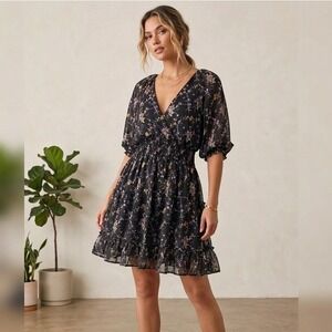 Lulus Floral Clip Dot Smocked Tiered Mini Dress XL Black Puff Sleeve Chiffon